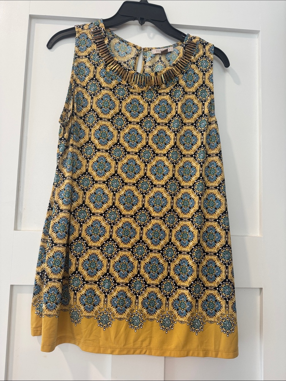 Roz & Ali Yellow and Blue Sleeveless Beaded-Neck Tunic